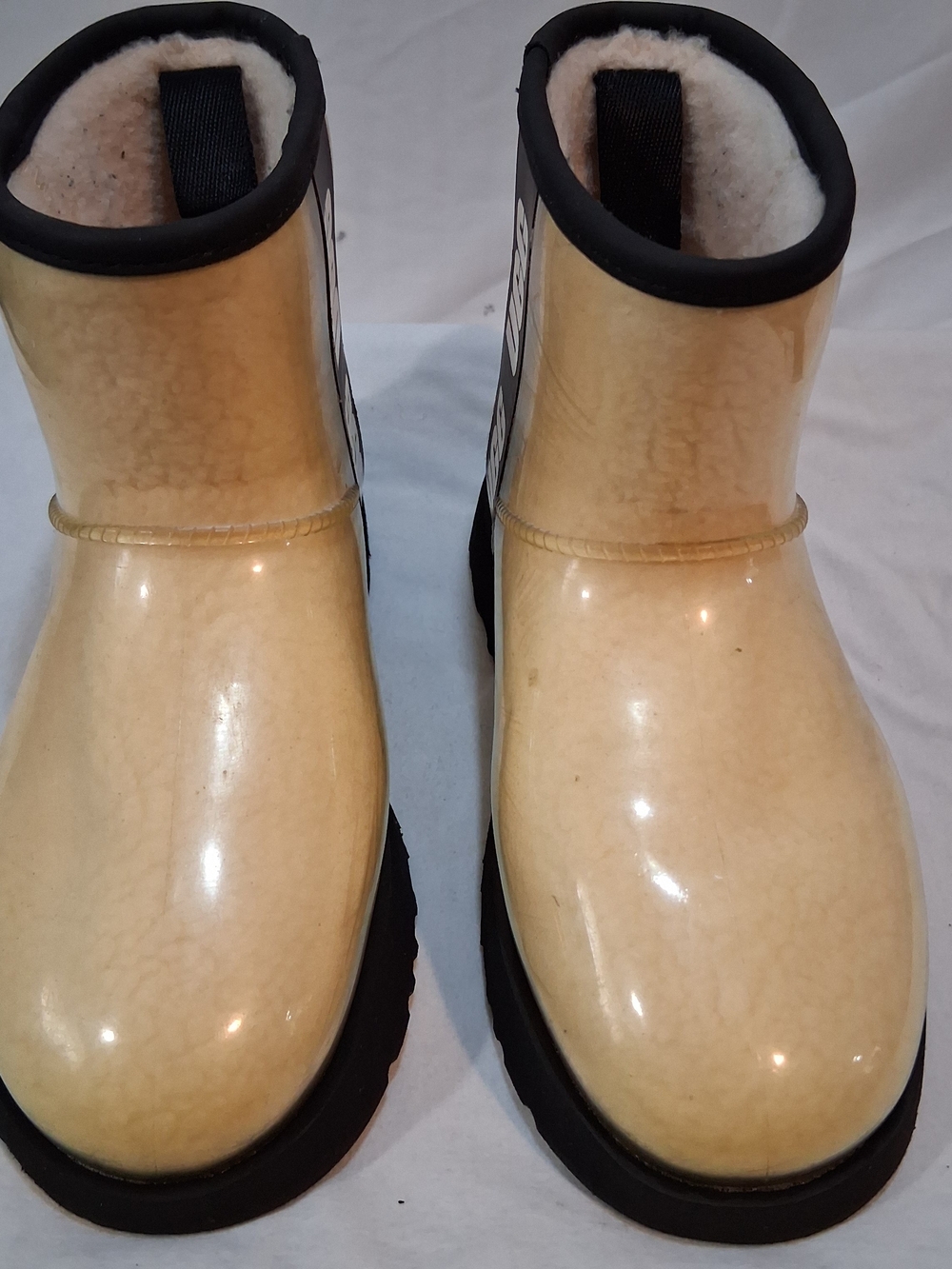 Cream Gloss Rain Boots with Sherpa Lining